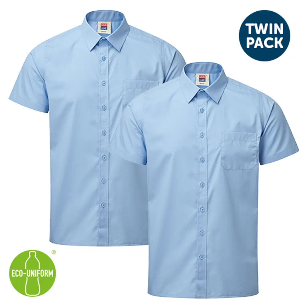 Two light blue short-sleeve shirts with a 'Twin Pack' label and an 'Eco-Uniform' logo on a white background.