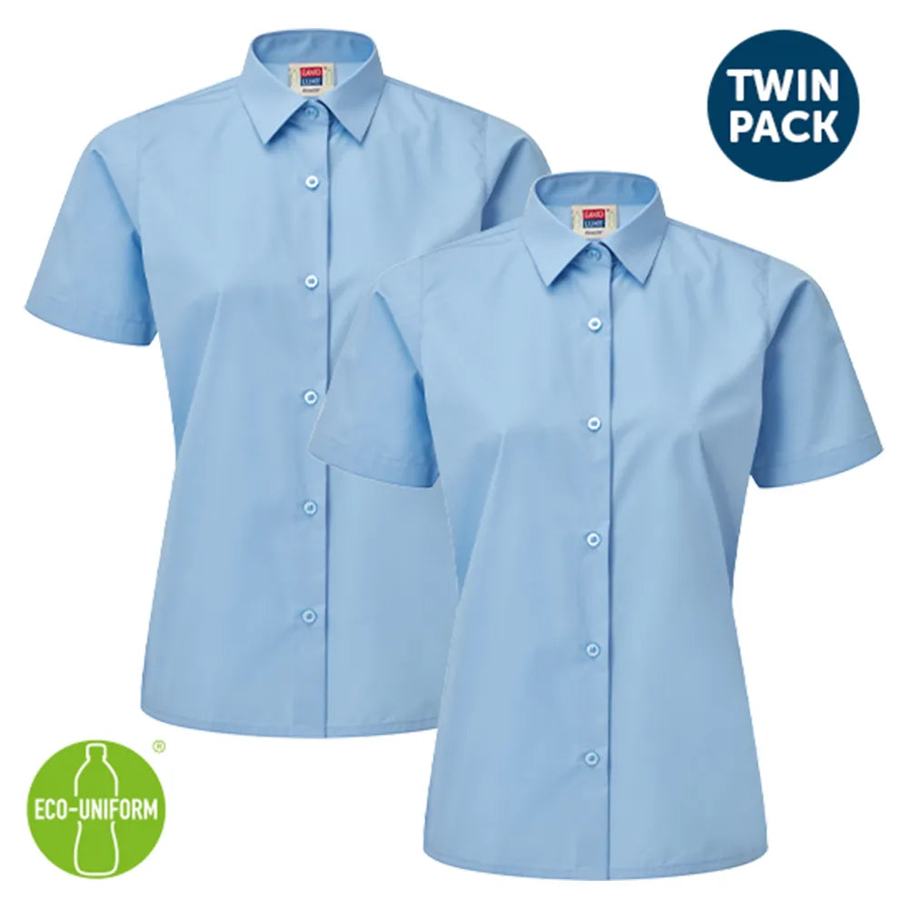 Two light blue short-sleeve shirts with a 'Twin Pack' label and an 'Eco-Uniform' logo on a white background.