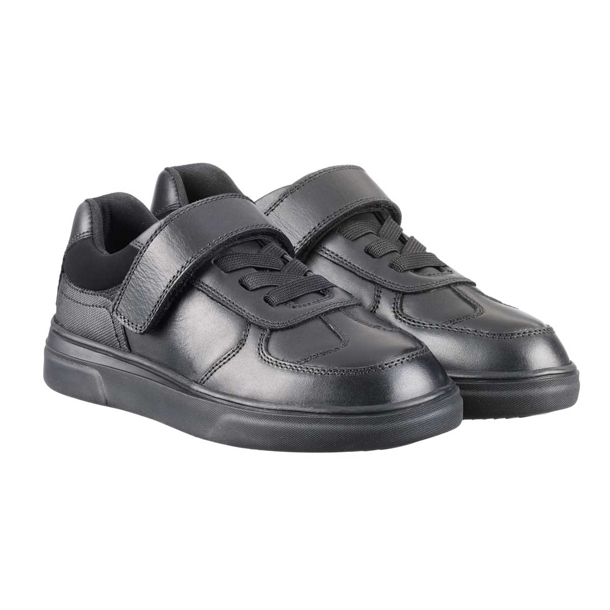 Black Leather Black Strap School Shoes Girl's Washable Black
