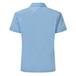 Back view of the David Luke Schoolwear Girls Eco Short Sleeve Revere Collar School Blouse (Blue).