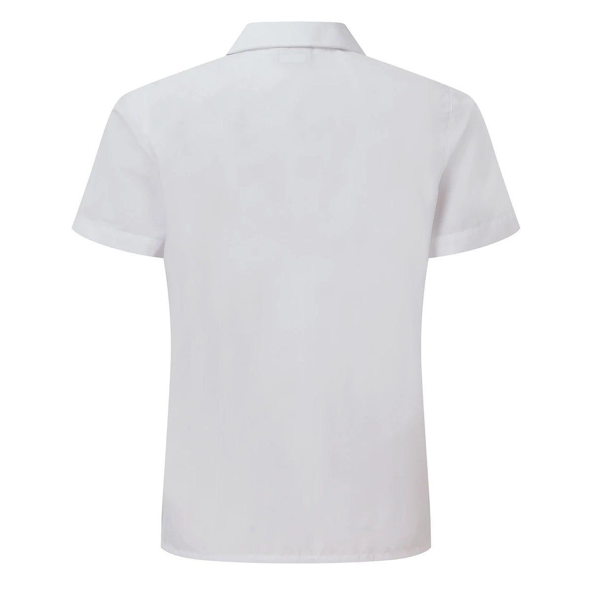 Back view of the David Luke Schoolwear Girls Eco Short Sleeve Revere Collar School Blouse (White).
