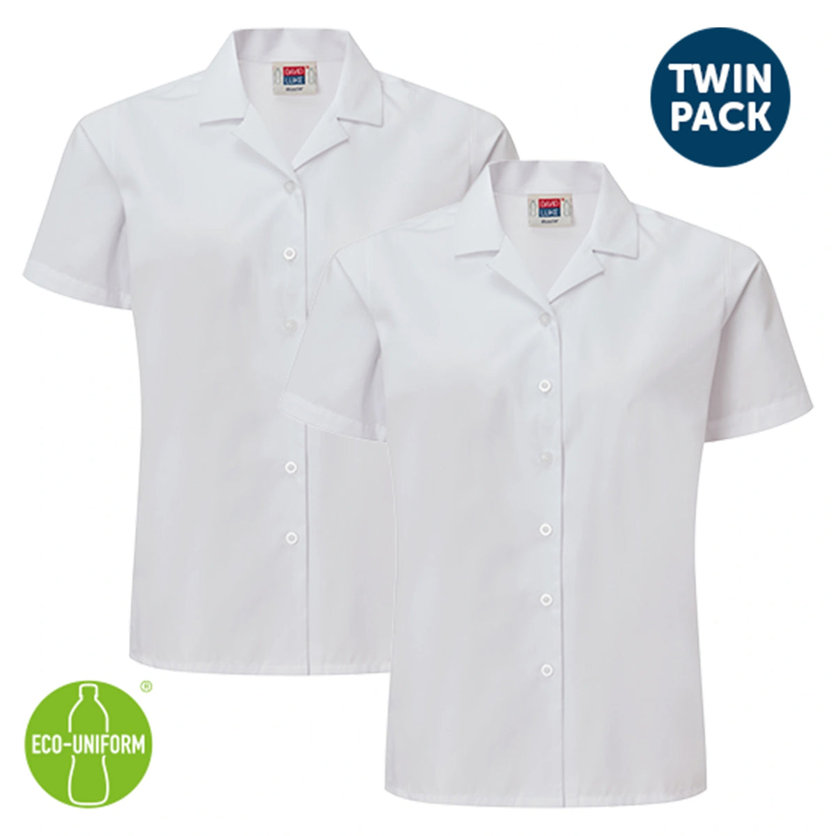 Two white short-sleeve button-front school uniform shirts shown as a twin pack on a white background, with a blue 'TWIN PACK' badge and an eco-friendly green 'ECO-UNIFORM' badge.