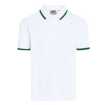 The David Luke Eco Stripe Trim Pique Polo Shirt (Junior) in White/Bottle Green Trim.