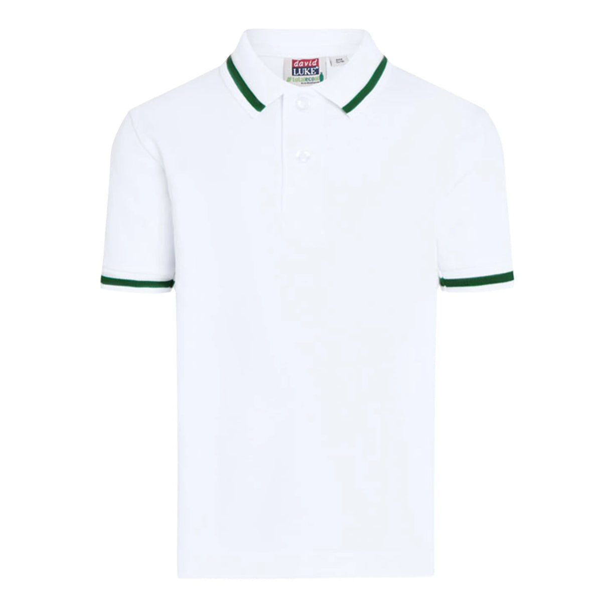 The David Luke Eco Stripe Trim Pique Polo Shirt (Junior) in White/Bottle Green Trim.