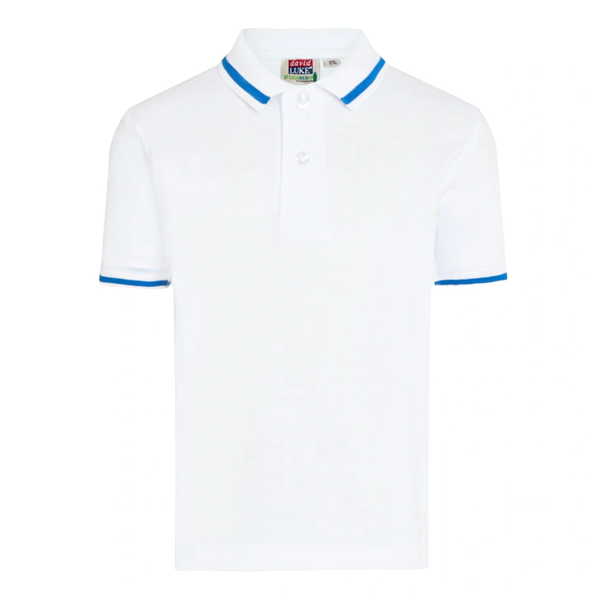 The David Luke Eco Stripe Trim Pique Polo Shirt (Junior) in White/Royal Trim.