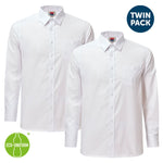 Two white school shirts with a 'Twin Pack' label and 'Eco-Uniform' logo on a white background.