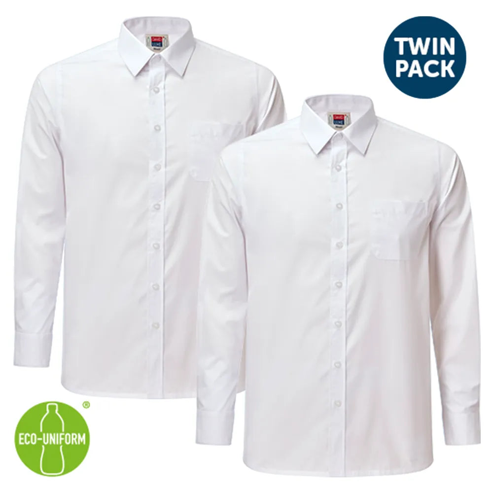 Two white school shirts with a 'Twin Pack' label and 'Eco-Uniform' logo on a white background.