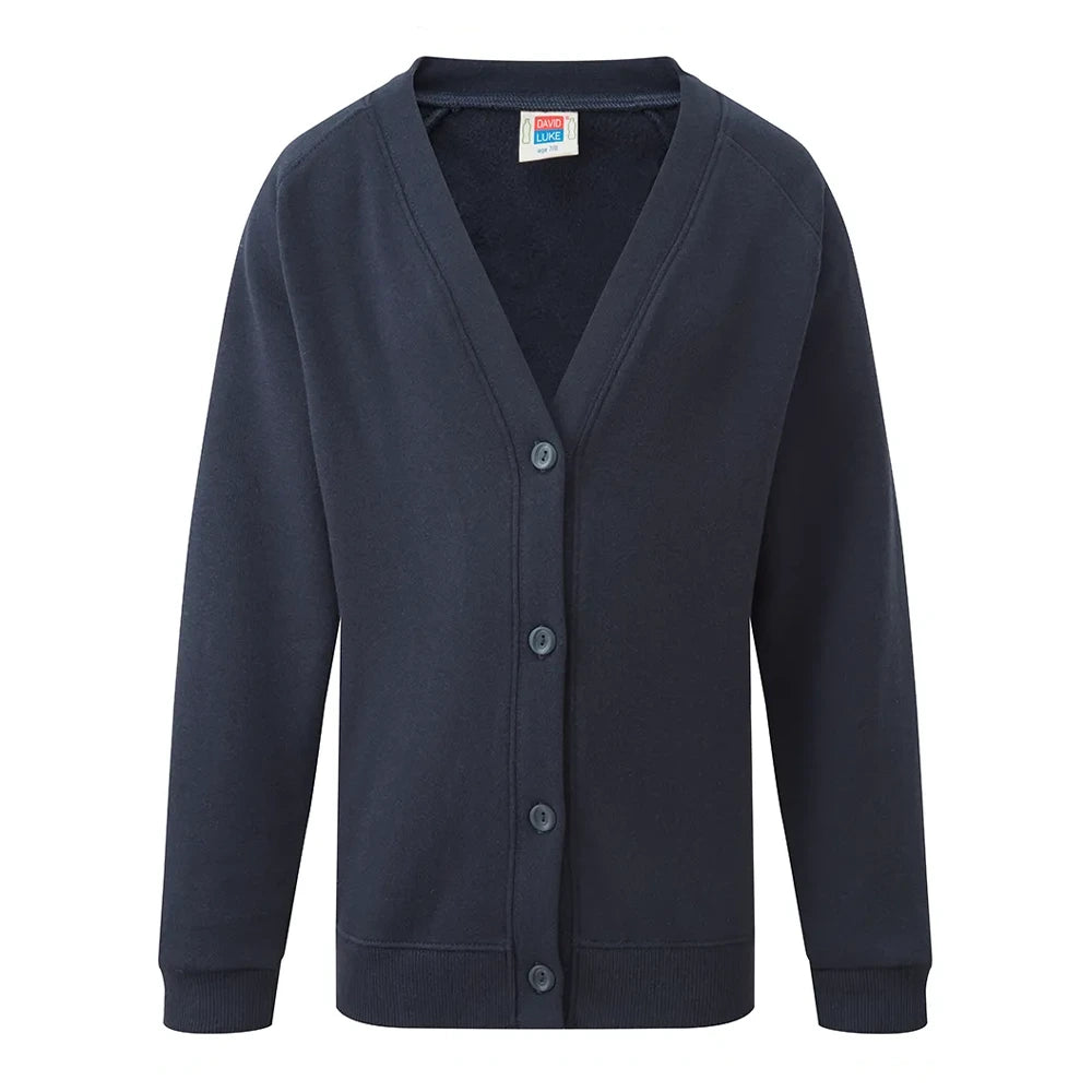 A dark navy blue cardigan sweater with a V-neck, button-up front, and ribbed cuffs and hem