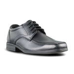 front side view of Edward Black Leather Pointed Toe Lace Up School Shoe