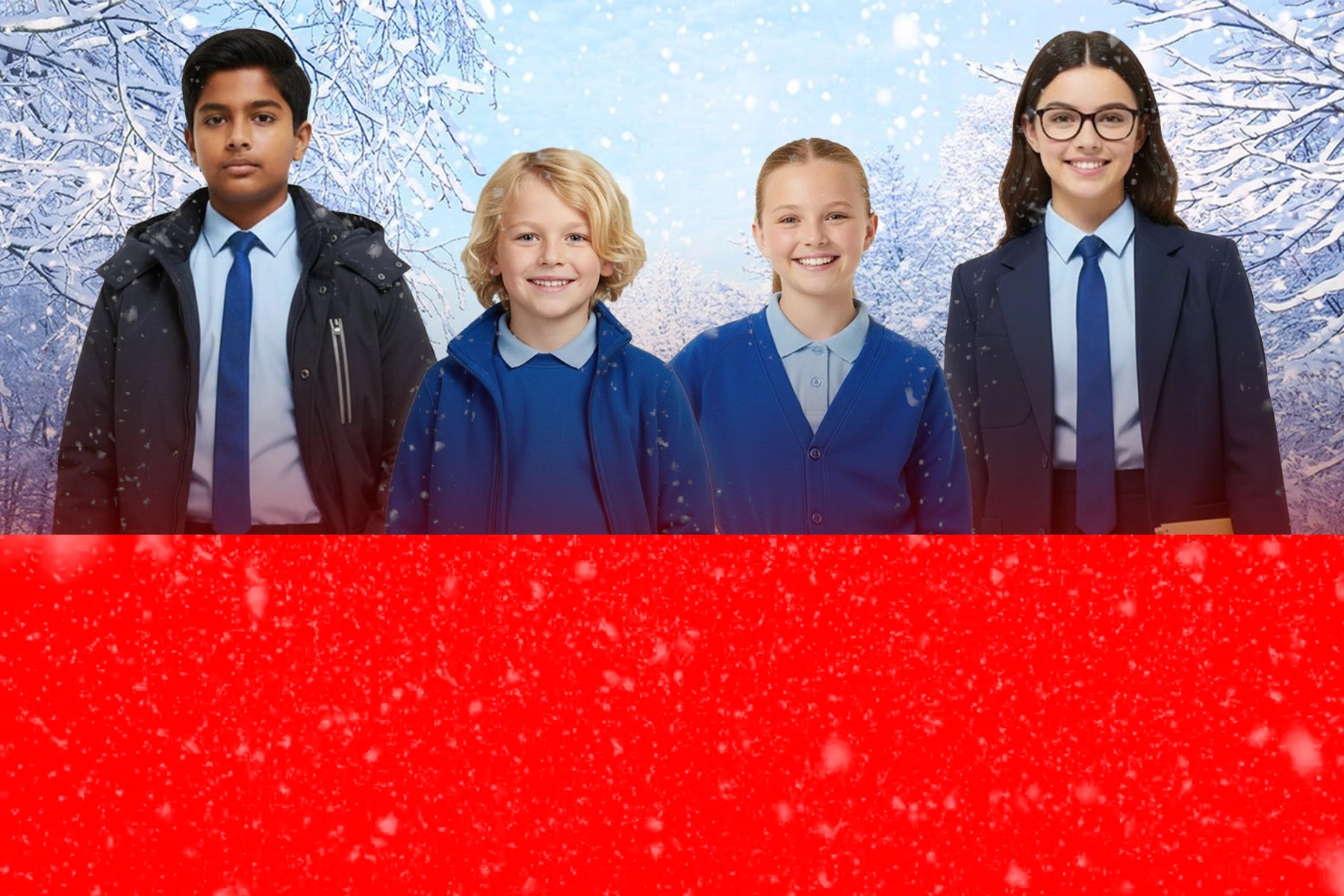 Four children in school uniforms standing in front of a snowy background with a red banner at the bottom.