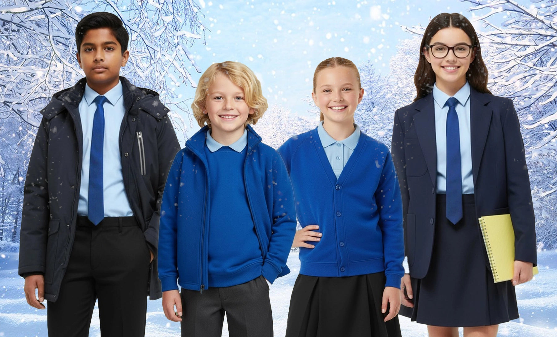 Four children in school uniforms standing in front of a snowy background