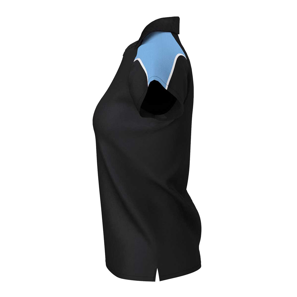 side view of iGen Female Sports Polo Black/Sky