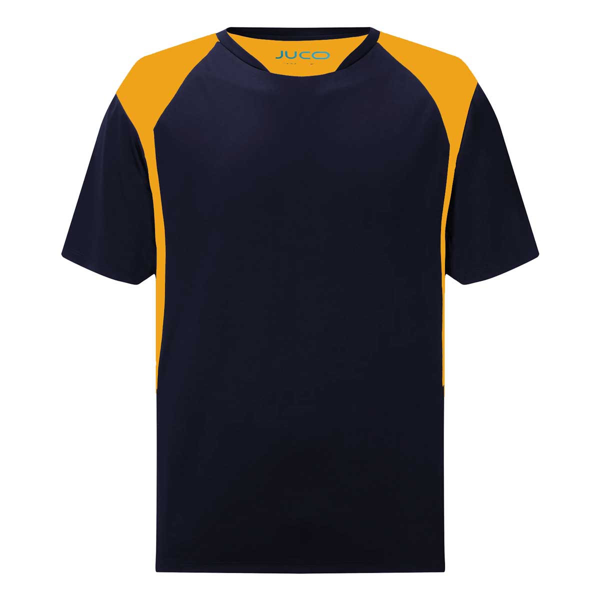 A navy and amber sports shirt made from JUCO Ecotech fabric. It has a round neck and short sleeves
