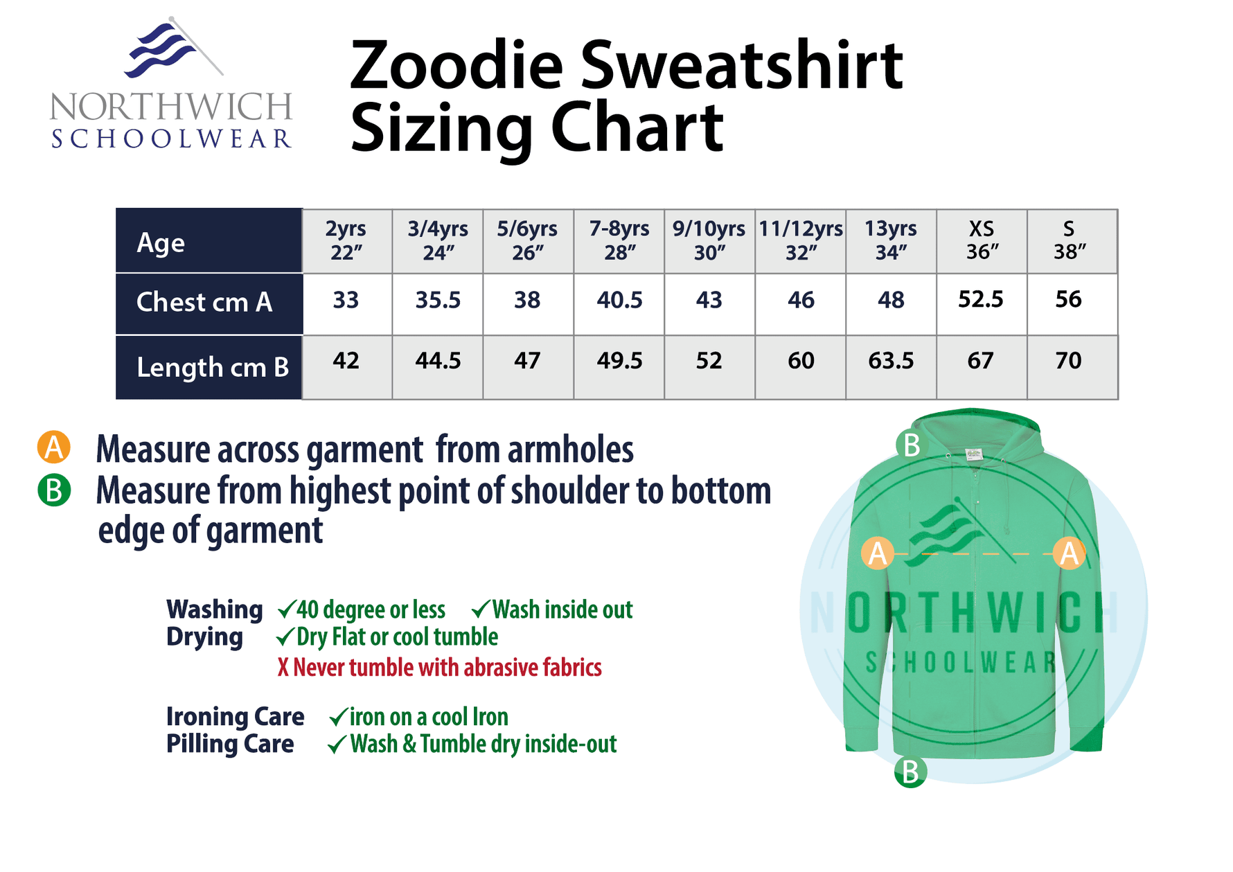 Sizing chart for the Comberbach Primary School Zoodie