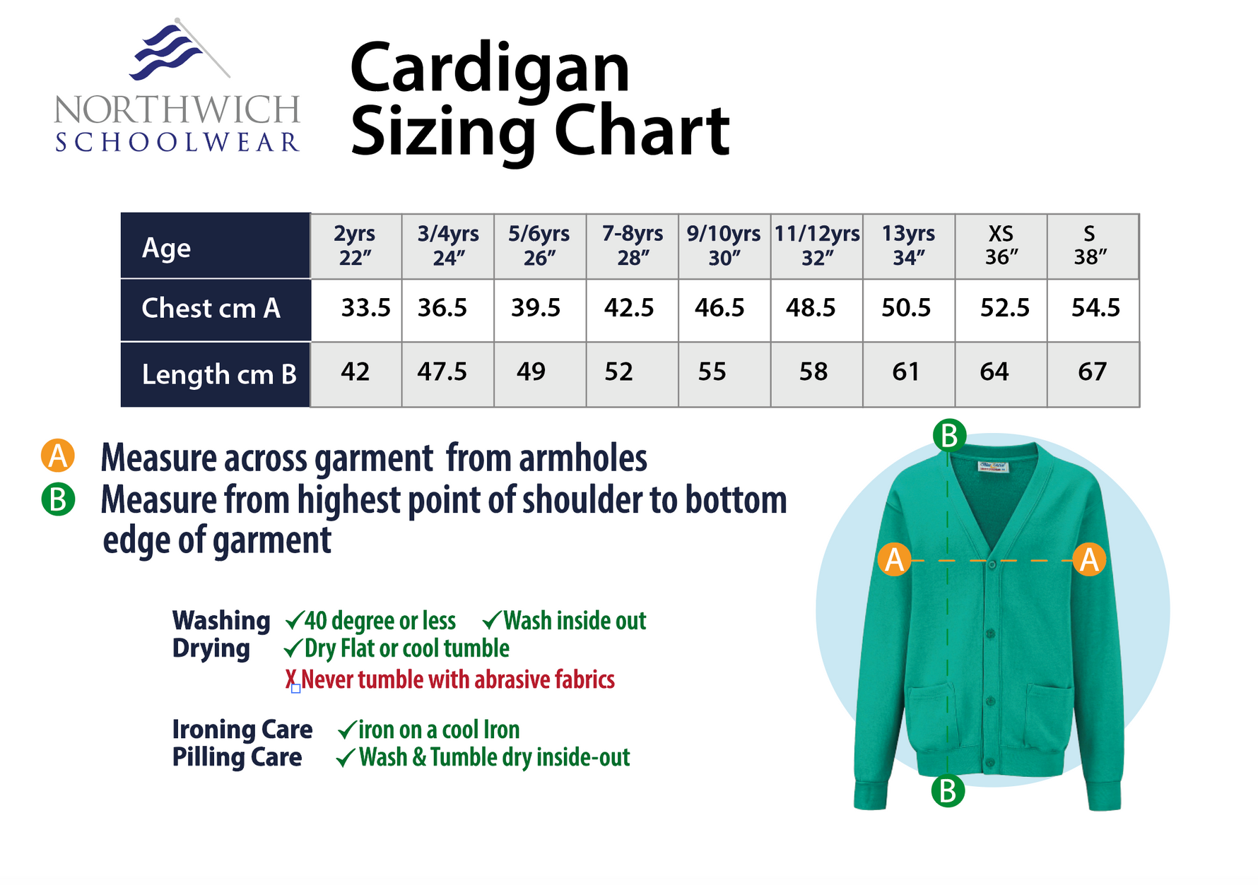 Sizing chart for the Kingsmead Primary School Cardigan