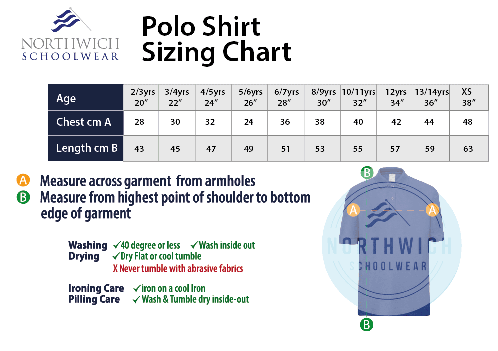 Sizing chart for the Little Leigh Primary School Polo Shirt
