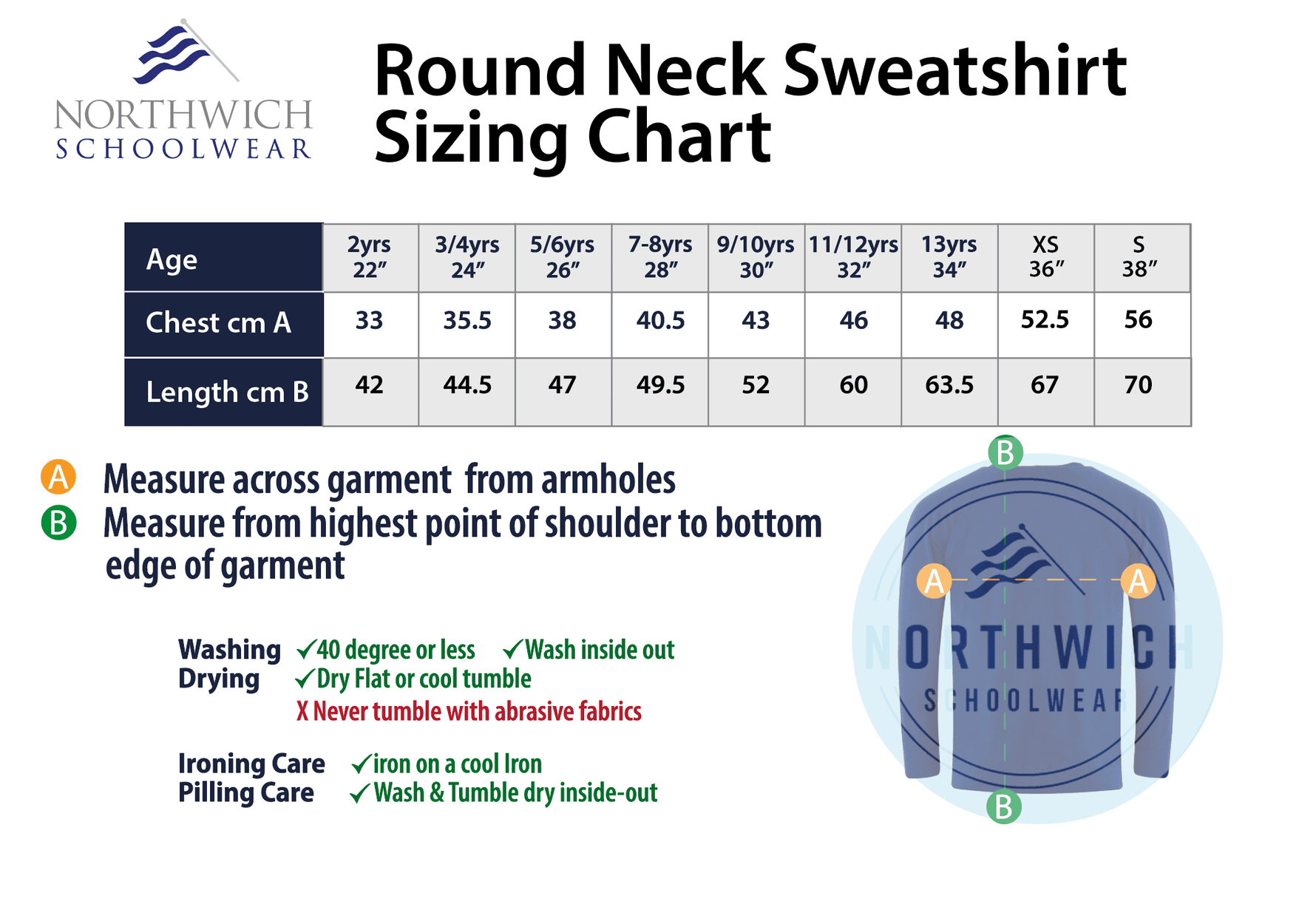 Size chart for the Sandiway Primary School Sweatshirt