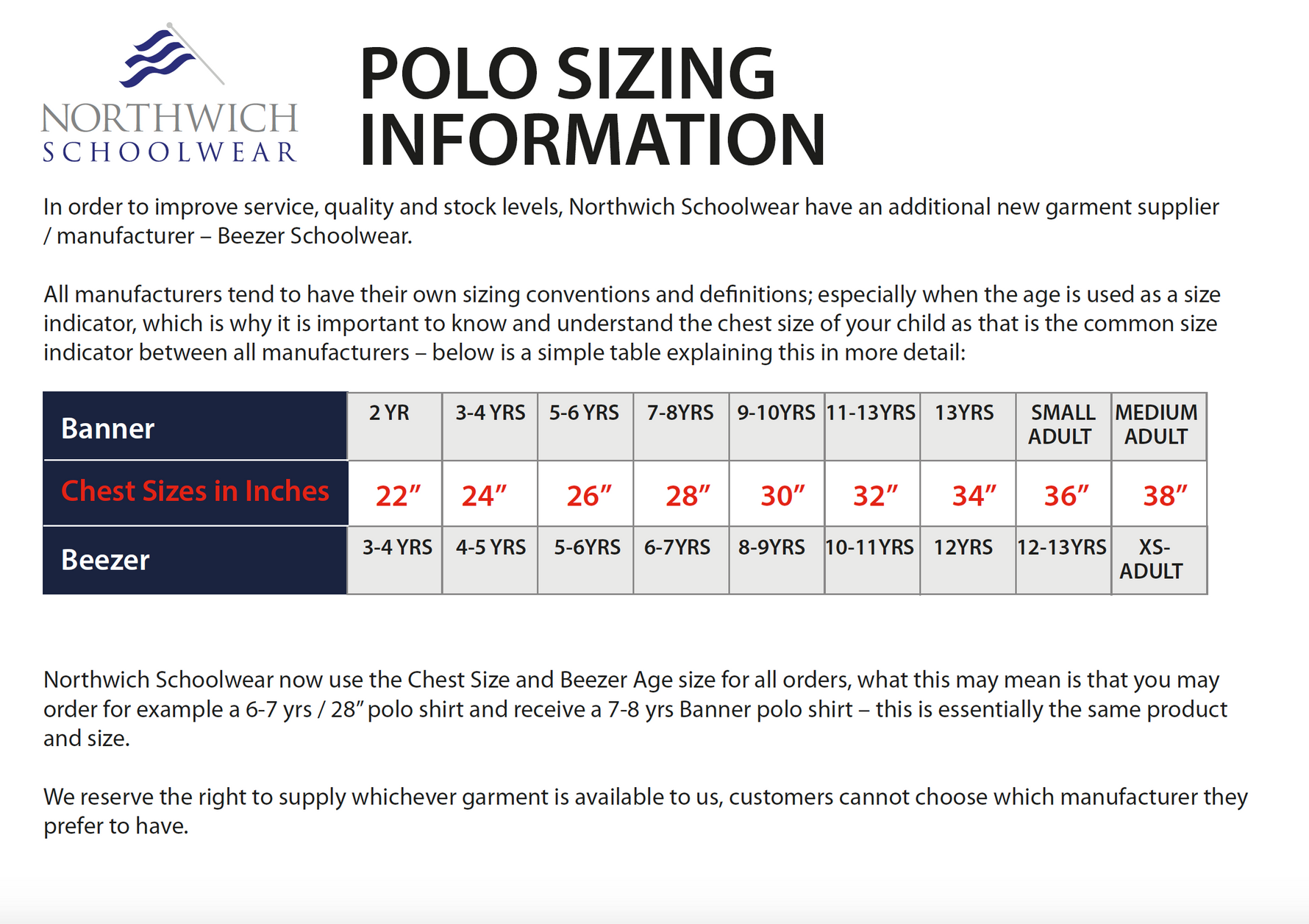Sizing information for the Wincham Community Primary School Polo Shirt